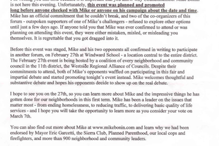 Bonin Letter Causes Controversy at CD11 Debate